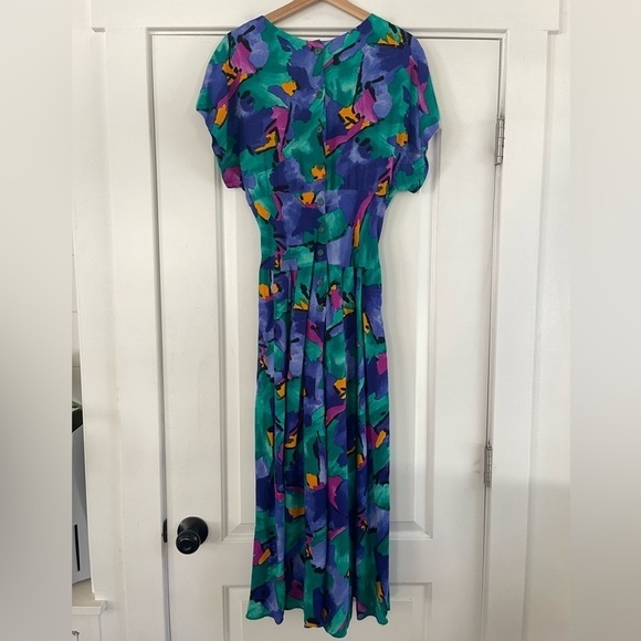 Vintage R.E.O Originals 80s Patterned Midi Dress - 10 - Picture 3 of 6